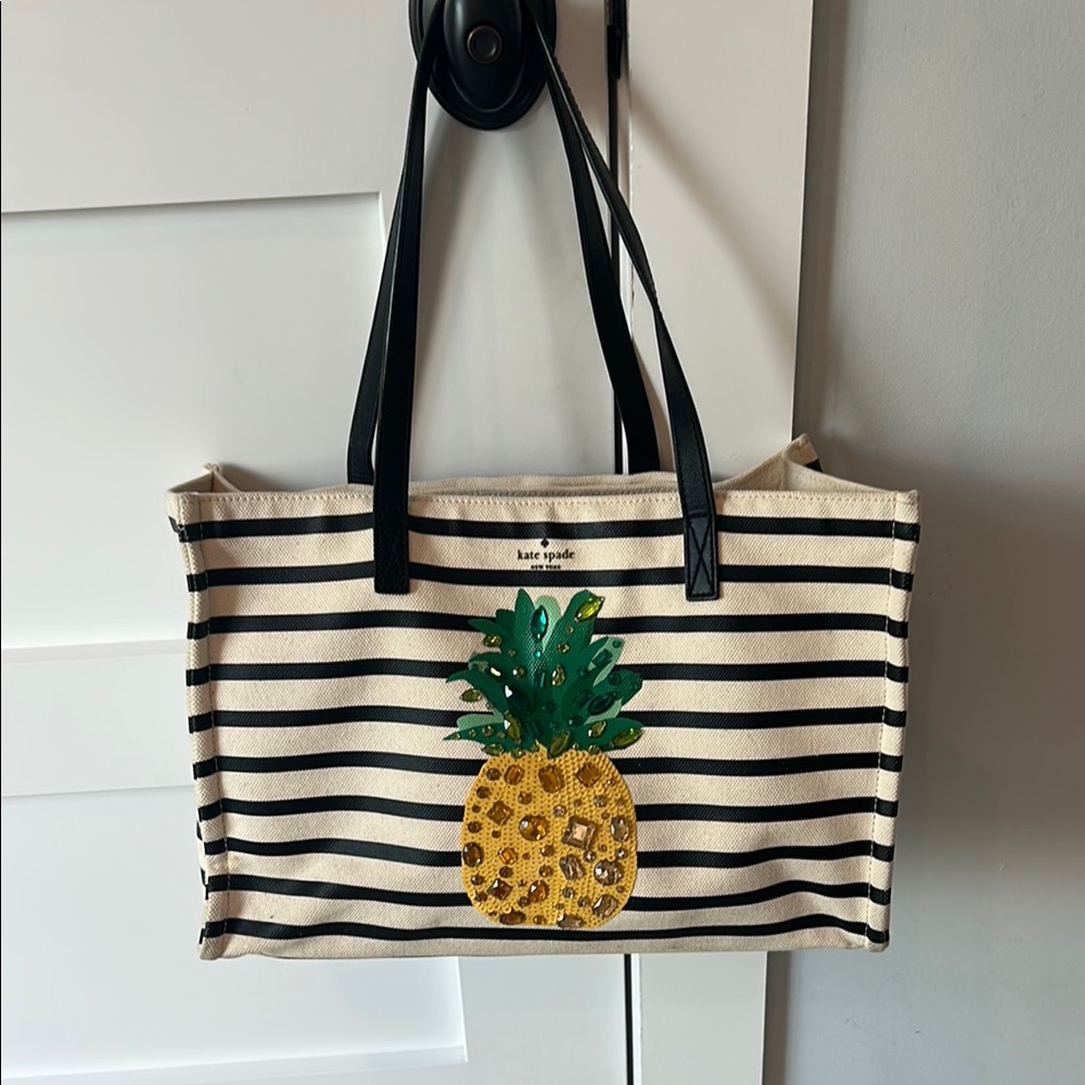Kate Spade by the pool Black and Cream Striped Tote with jeweled pineapple